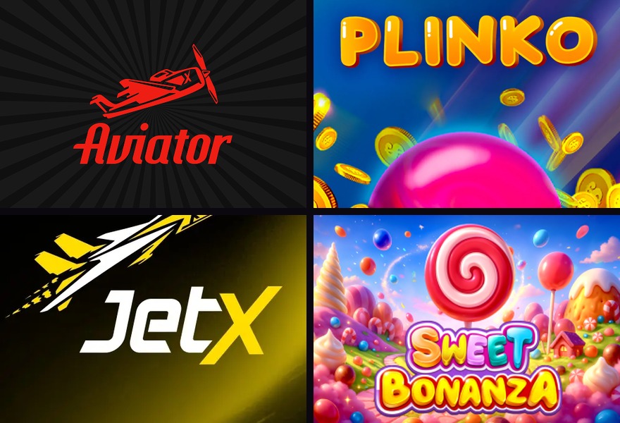 Aviator, Plinko, JetX and Sweet Bonanza — official game artwork